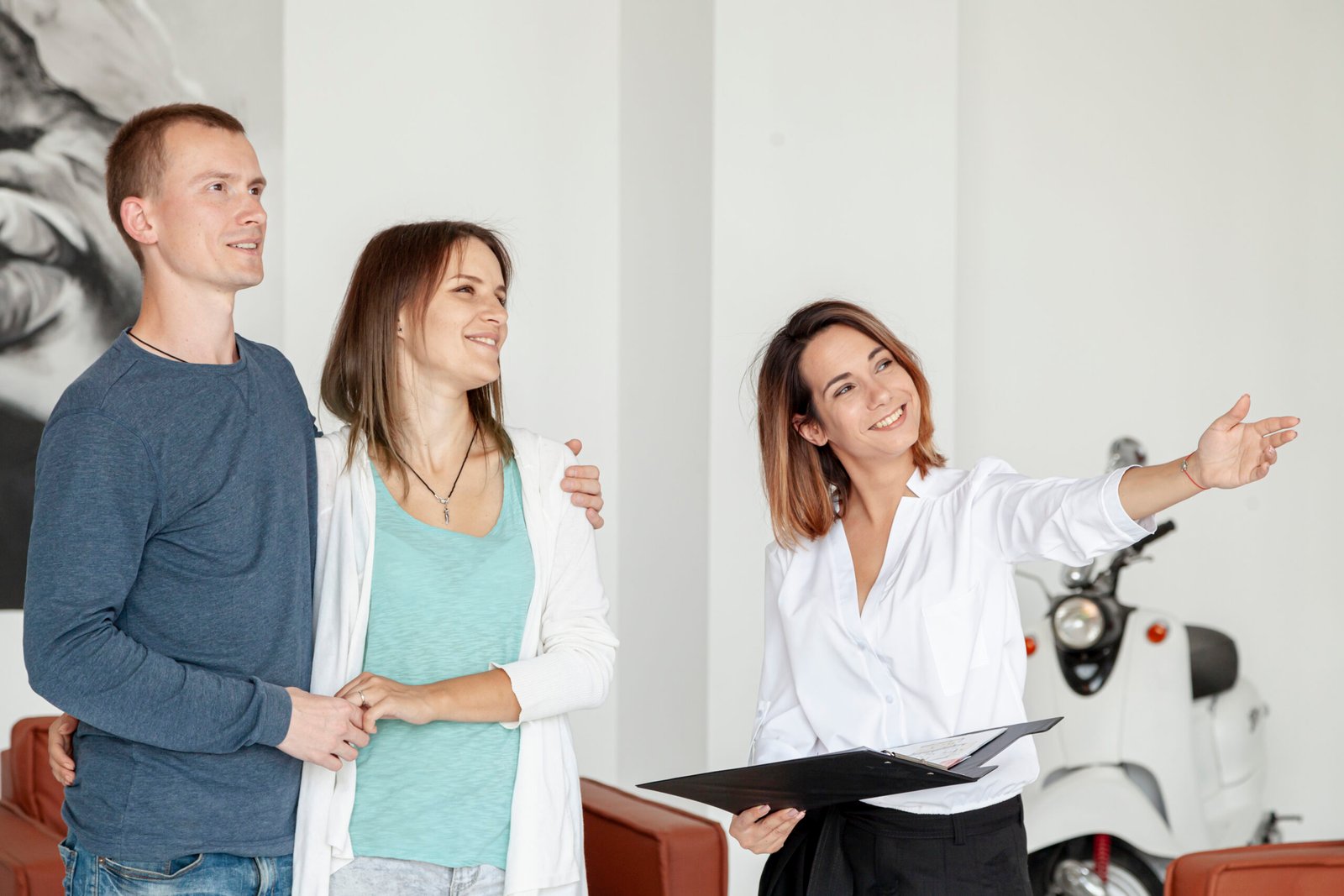 Home front view couple looking house