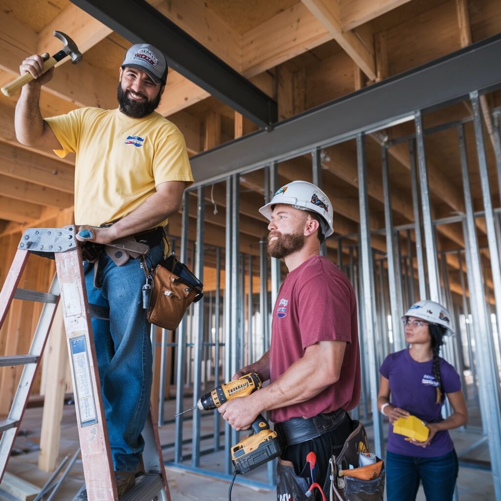 three men are standing ladder with yellow shirt that says f it (1) three men are standing ladder with yellow shirt that says f it (1)